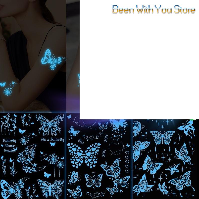 1/6Sheet Large Blue Luminous Butterfly Tattoo Stickers Women Glow In The Dark Waterproof Temporary Tattoo Music Festival Party