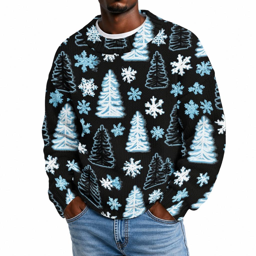Men's Neck Knit Sweater with Christmas Print for Fall Winter Holiday