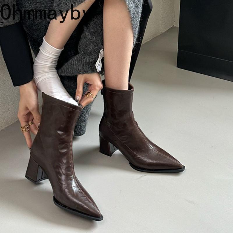 Pointed Toe Thick Heel Women Mordern Ankle Boots Ladies Elegant Party Dress Slim Short Booties Autumn Winter Womem'S Shoes