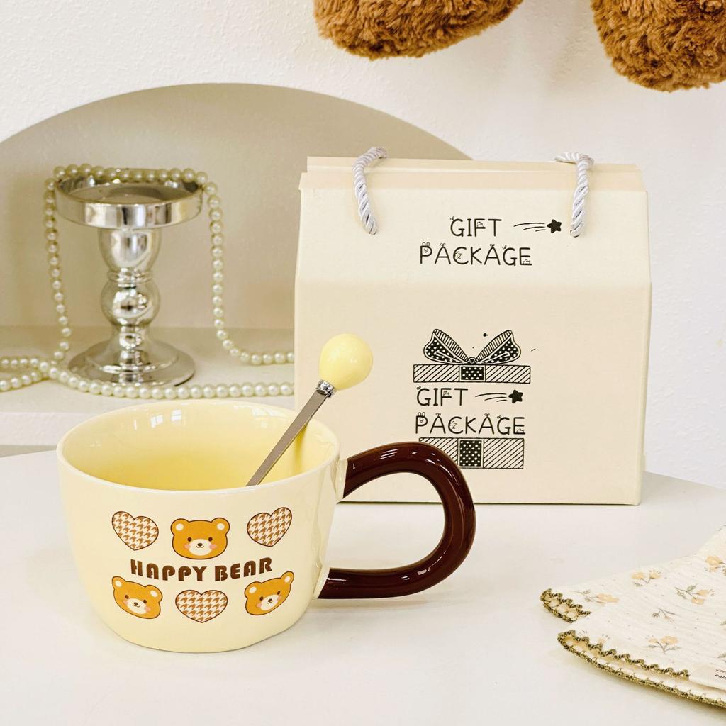Cute Bear Cup Animal Mug with Lid Spoon Ins Style Girls Ceramic Cup Set Breakfast Cup Office