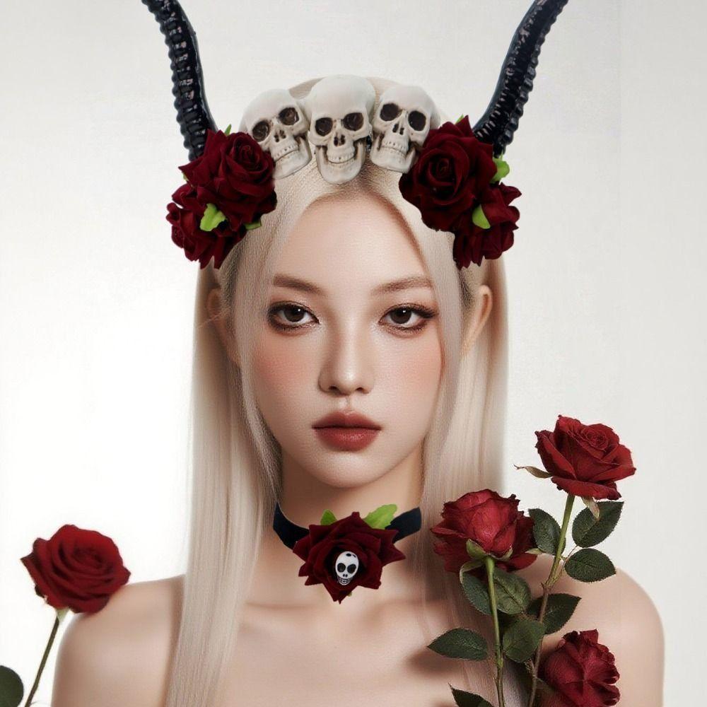 Gothic Style Ox Horns Headband Skull Red Rose Headband Flower Crown Sheep Horn Hairband  Cosplay