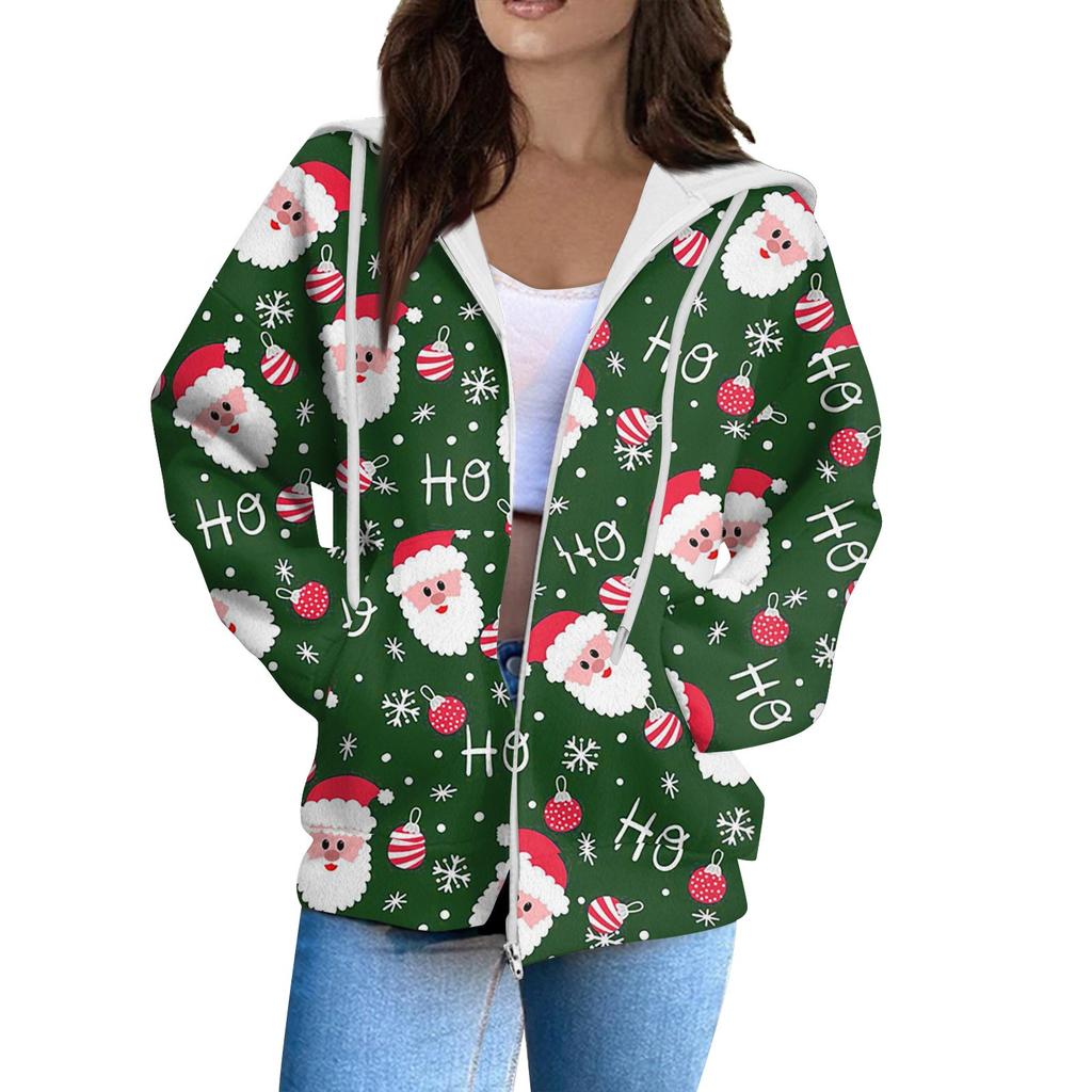 Women's Fashion Casual Long Sleeve Christmas Print Cardigan Coat With Pocket Zipper