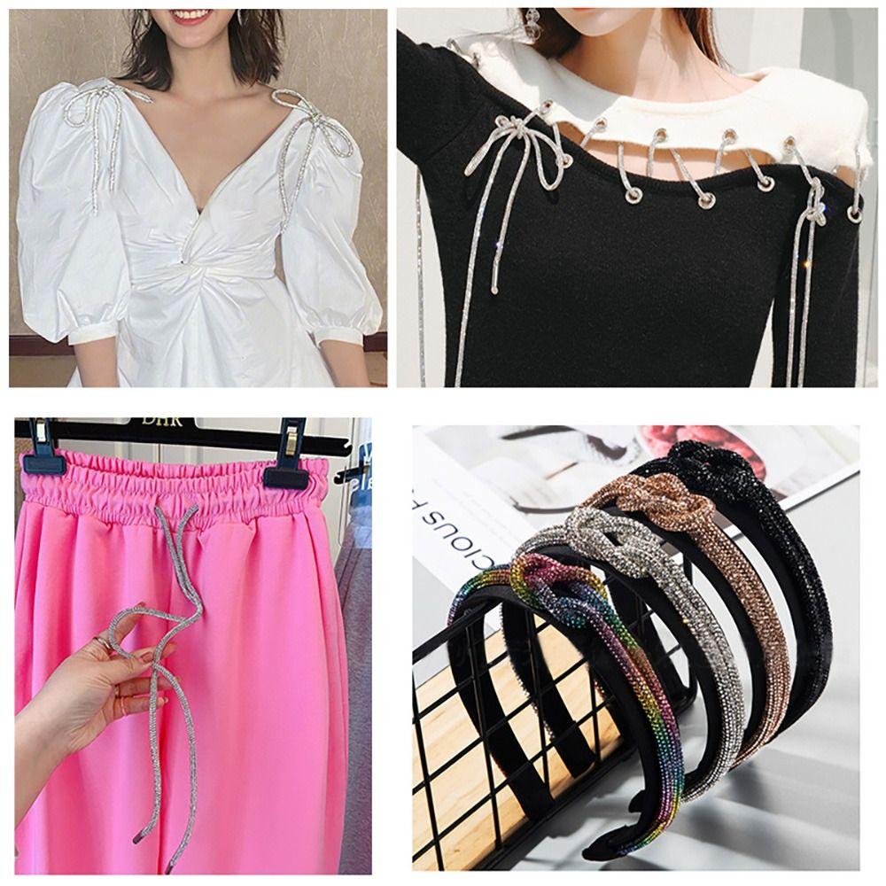 Diy Rhinestone Drawstring For Hoodie Trouser Sweatpant Rope Crystal Shiny Round Cord Replacement String Rubber Hose Diamond Trim