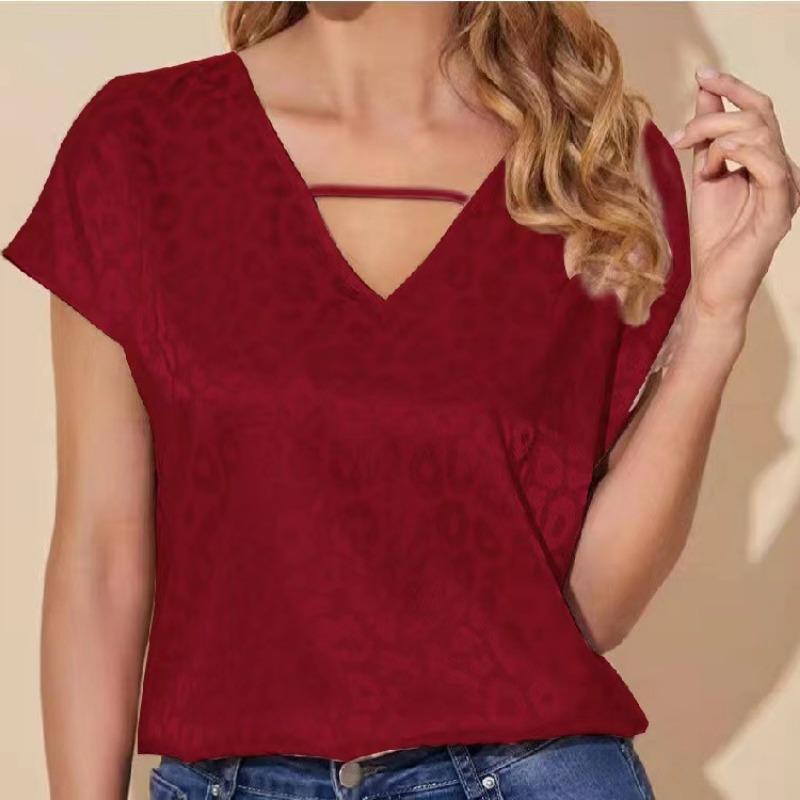 Spring Women's Clothing Color Ding V-neck Satin Top Loose Fitting Women's Clothing T-Shirts Women’s