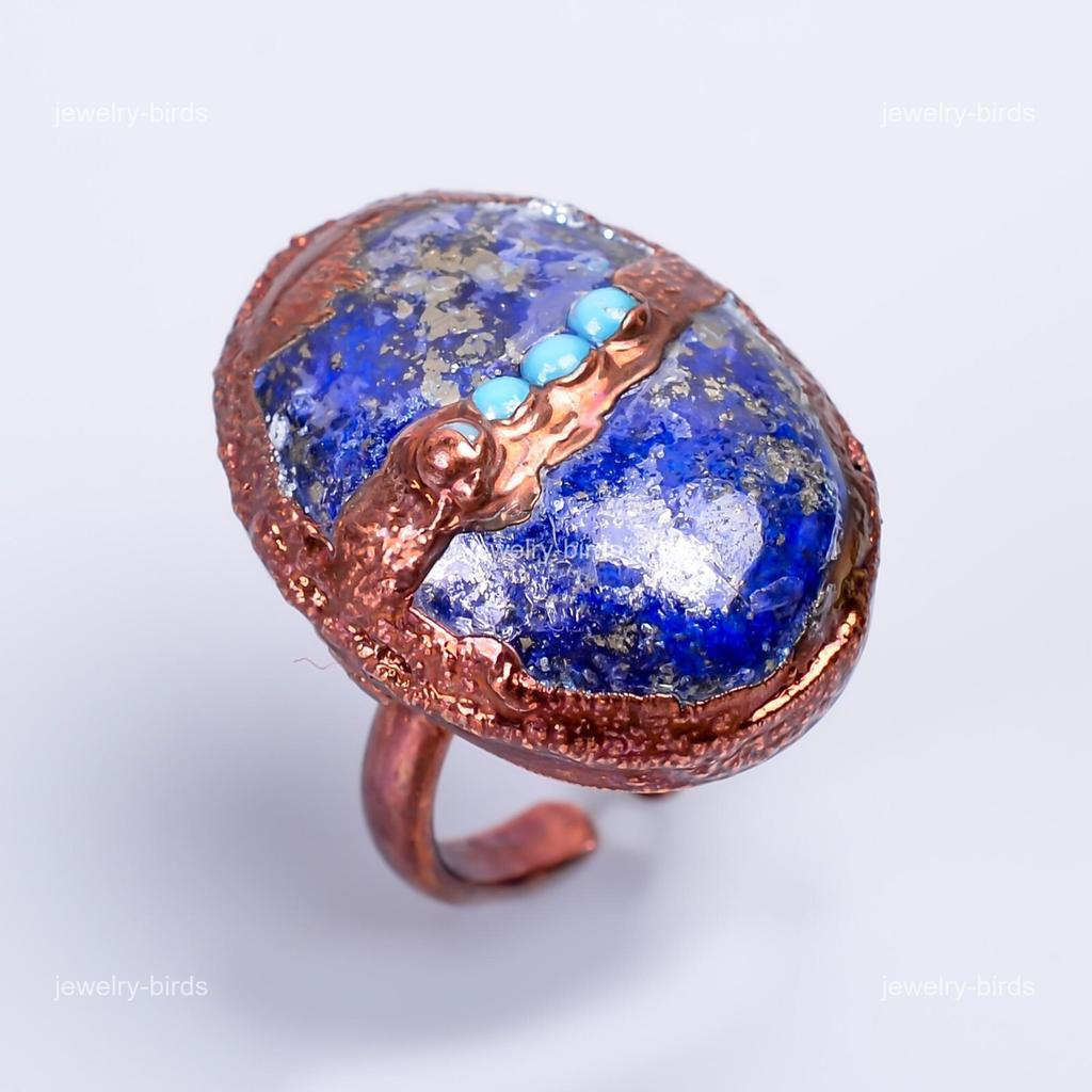Oval Natural Lapis Lazuli Copper Electroformed Promise New Eternity Ring Jewelry V-54