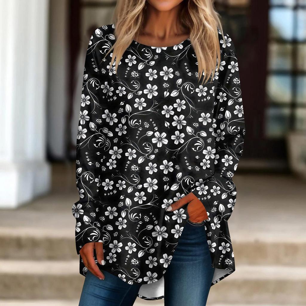Kvinners uformelle plussstørrelse Langermet rundhals trykt T-skjorte topp genser