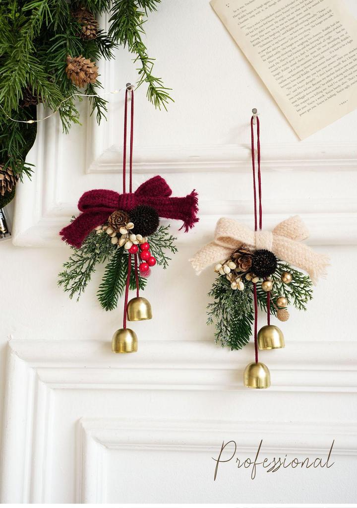 Velvet Bow Bell Ornament with Pine Cone for Christmas Tree Decoration