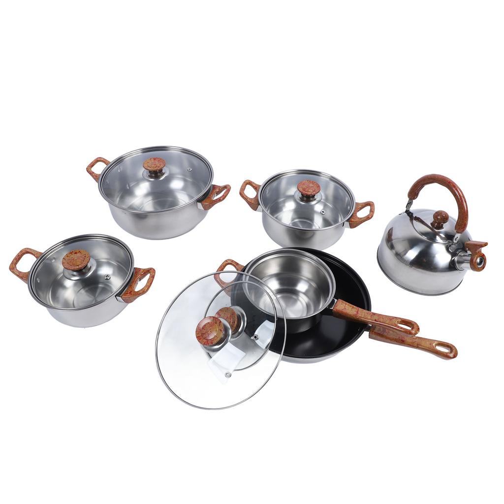 Stainless Steel Cookware Set Multifunctional Wooden Grain Kitchen Cookware Pots Pans Set with Kettle