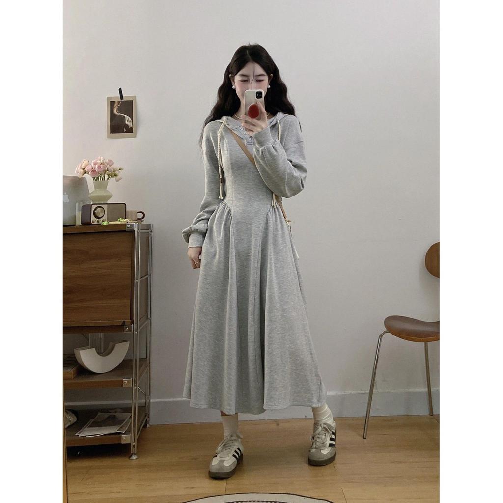 Autumn and Winter Gray Hooded Long-sleeved Dress, New Early Autumn Casual Korean Wear with Waist Sweater Long Dress