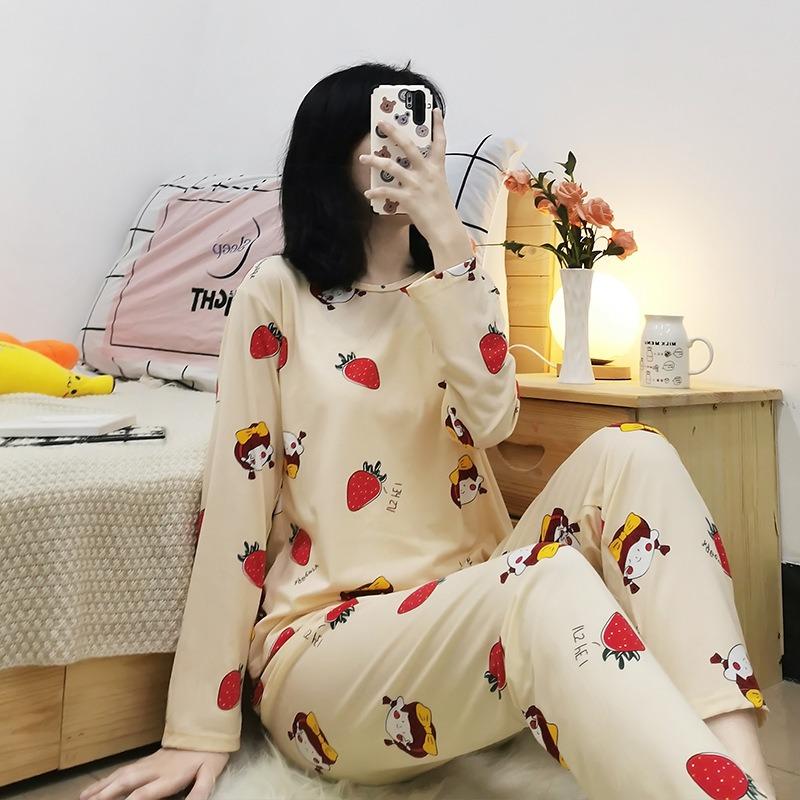 Women's Pajamas Large Size Long Sleeve Student Home Clothes Spring Printed Pullover Tops Pants Set Cartoon Pajamas