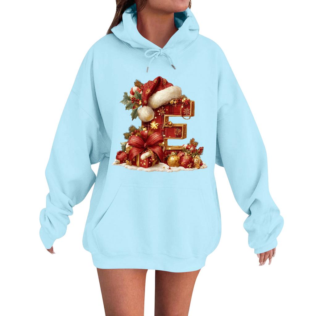 Women's Casual Comfortable Long-Sleeved Christmas Letter-Printed Warm Hooded Crew-Neck Sweatshirt