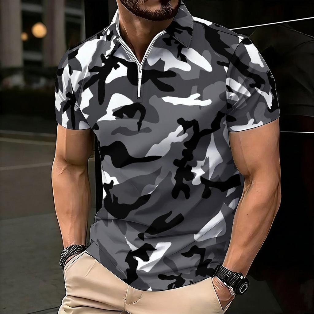 Women Short Sleeve Polo Shirt Khaki Black Brown Full Leopard Spot Print Half Zip Lapel Top