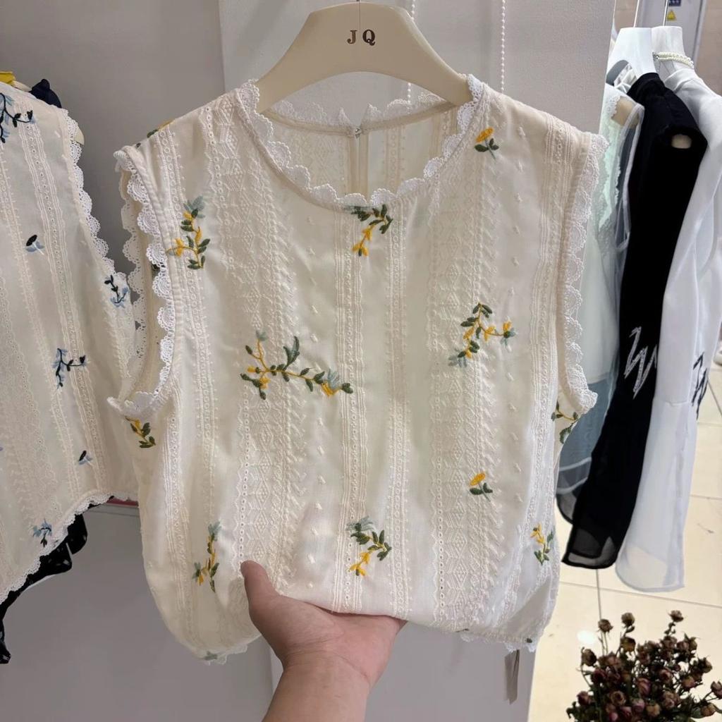 Round Neck Lace Splicing Sleeveless Vest for Women Summer Sweet Embroidered Flowers Casual Versatile Top