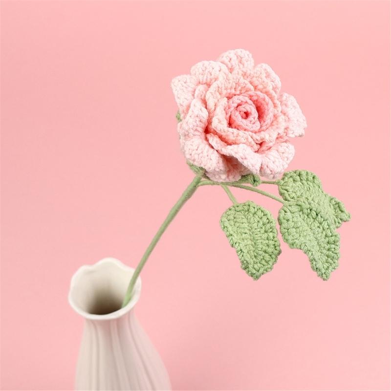 Handmade Knitted Flower Crochet Rose Flowers Artificial Flowers Home Decors Single Rose Flower Gift for Birthday Wedding