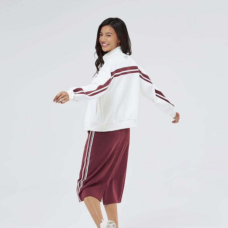 Skechers Retro Color Block Striped Warm Fashion Comfortable Stand Collar Zip Jacket Women Jackets White L324W021-0074