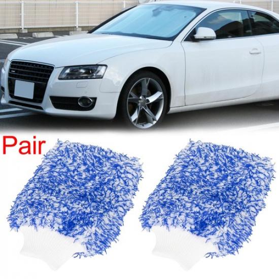 Pair Blue Coral Fleece Car Wash Mitt Microfiber Glove Double Sided Washing Tool