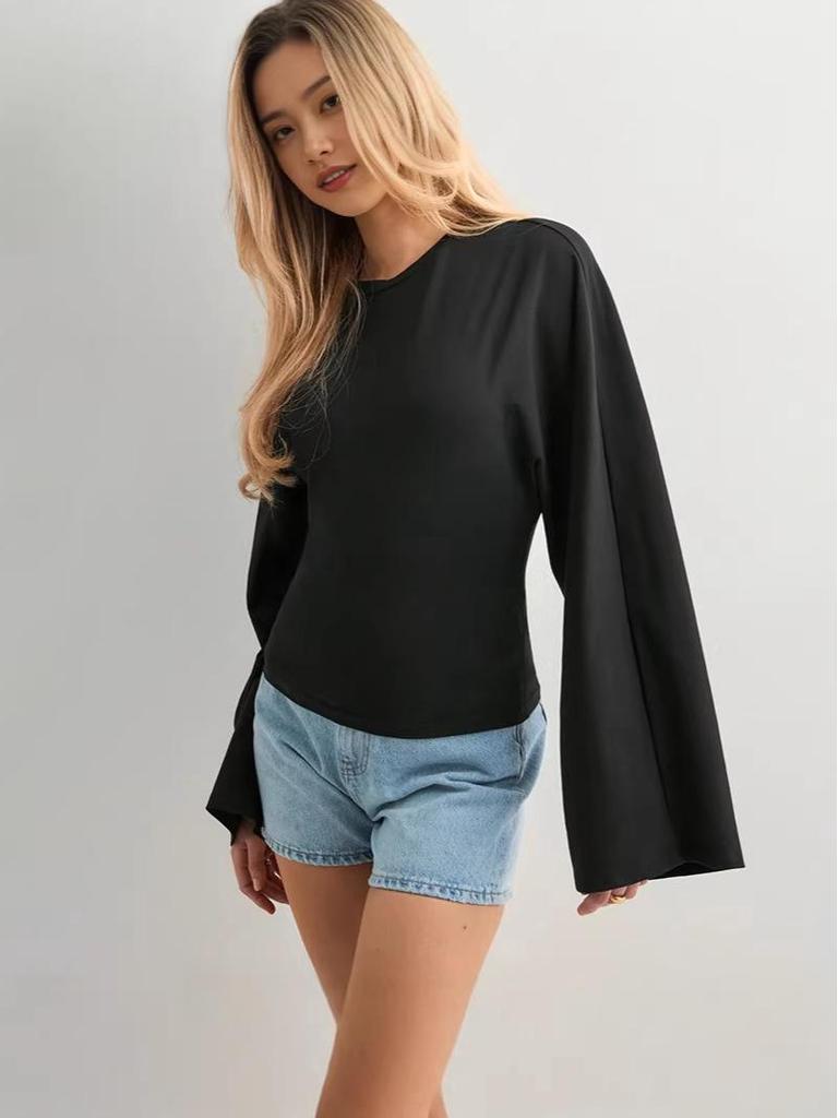 2025 European & American Women's Solid Color Cinched Waist Round Neck Wide Sleeve Top