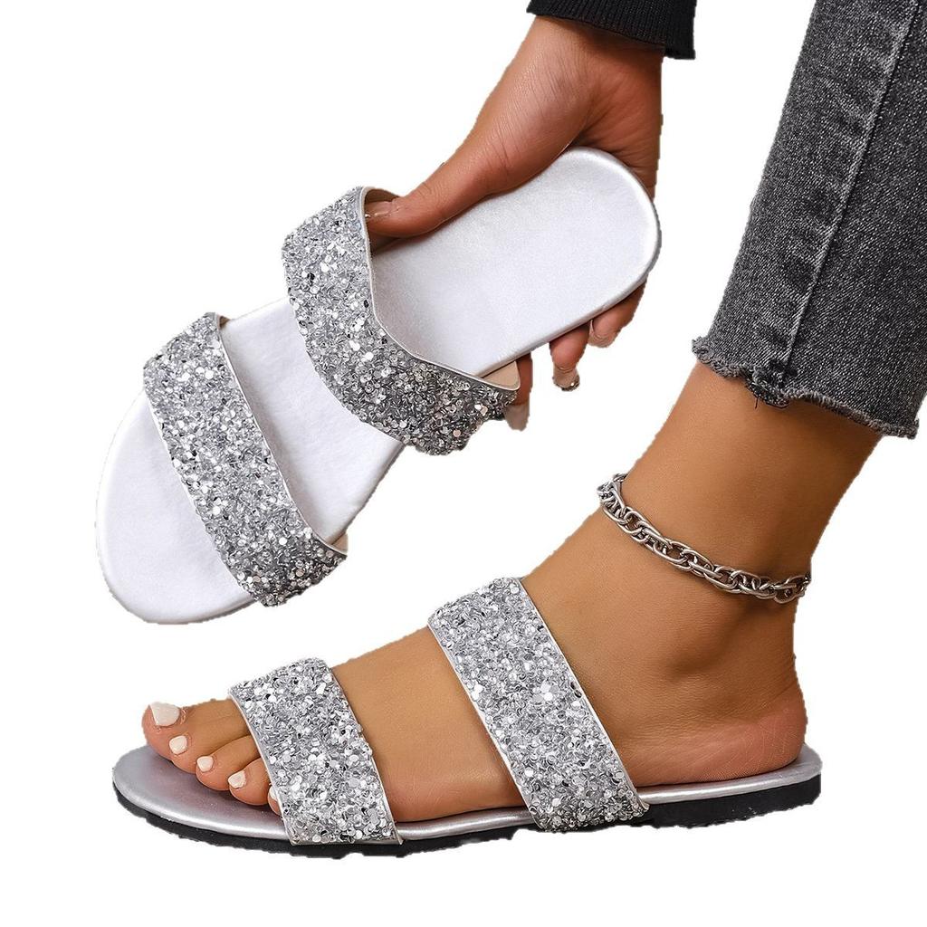 Temu one-word with flat bottom sequins round head women's cool slippers summer casual beach fish mouth slippers women