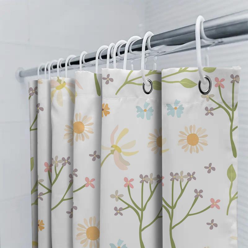 Spring Floral Shower Curtain Soft Waterproof Fabric Decorative Bathroom Liner for Kids' Bathroom White Green Yellow Purple Color