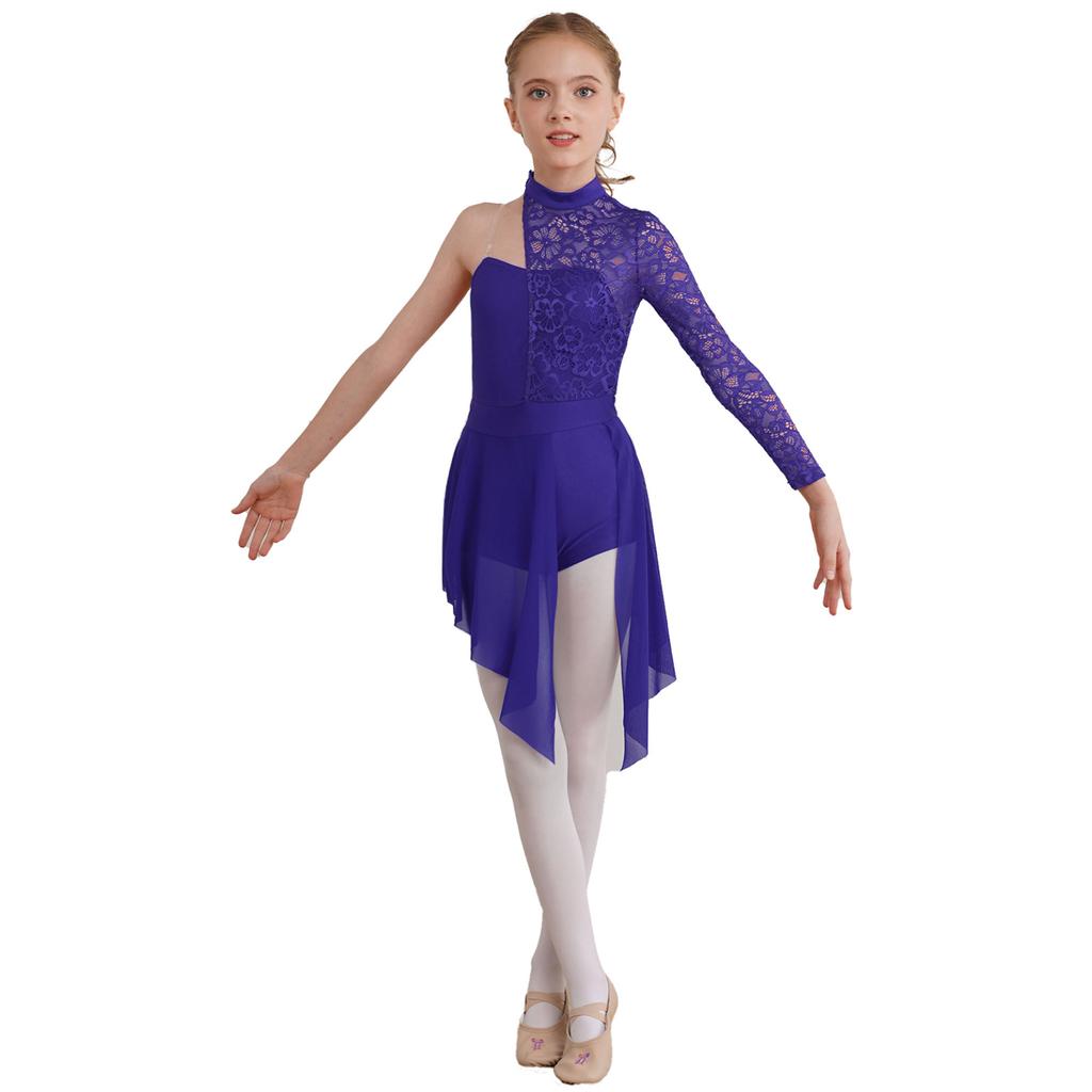 Child Girls Lyrical Dance Dress Ballroom Dancing Costumes Gymnastics Leotard with Asymmetrical Skirt for Figure Skating Dance Wear