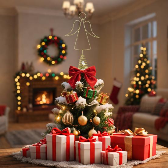 Yousheng Lighted Wire Angel Christmas Tree Topper Pre-Lit Metal Wire Small Angel Treetop Ornament with Light for Xmas Tree Holiday Home Decor
