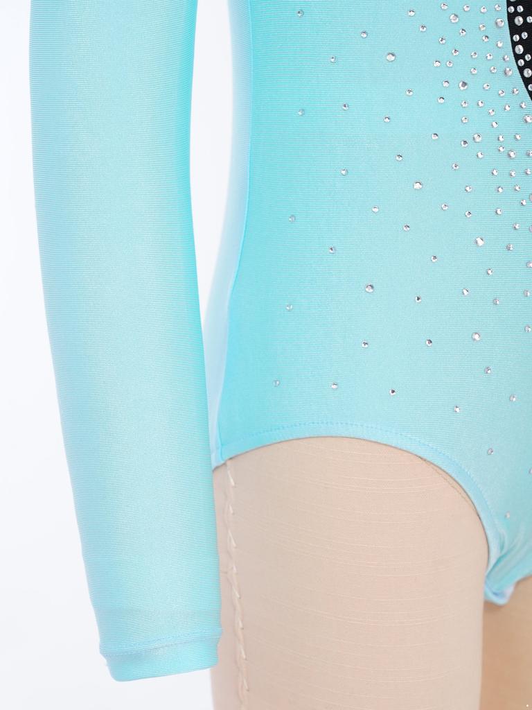 Girls Metallic Gymnastics Bodysuit Long Sleeve Rhinestone Color Block Leotard Competition Dancewear