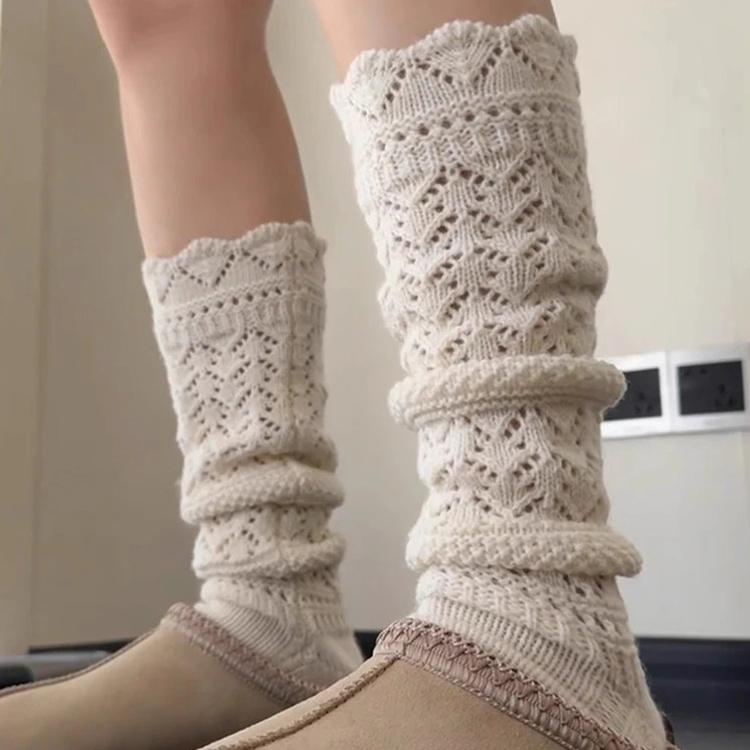 Relief Hollowed Out Wool Calf Socks for Women Warm Knit Retro Gray Heavy-duty Long Tube Autumn and Winter Pile Socks Sweating