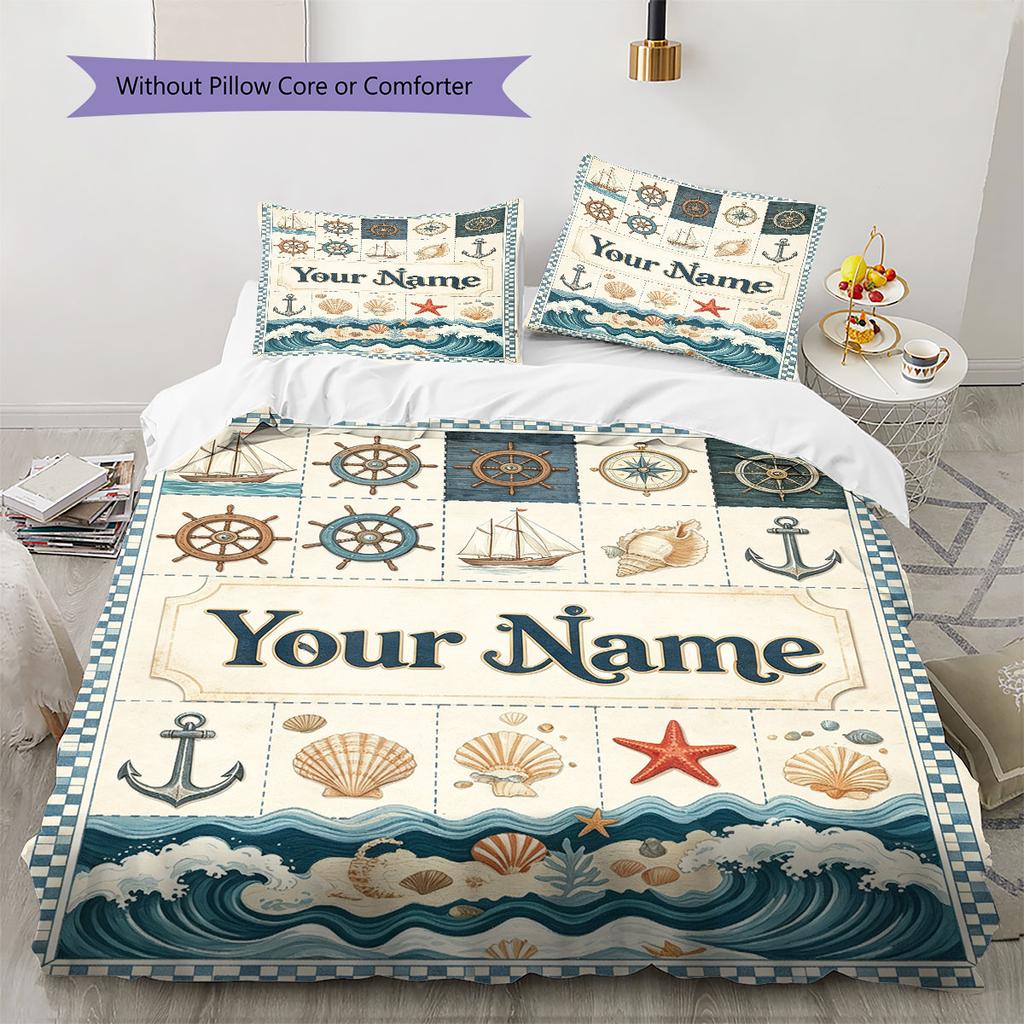 Custom Name,Nautical Ocean Pattern Bedding Home Decoration Birthday Gift ( 1 Duvet Cover + 2 Pillowcase, Without Core),fan Merchandise.