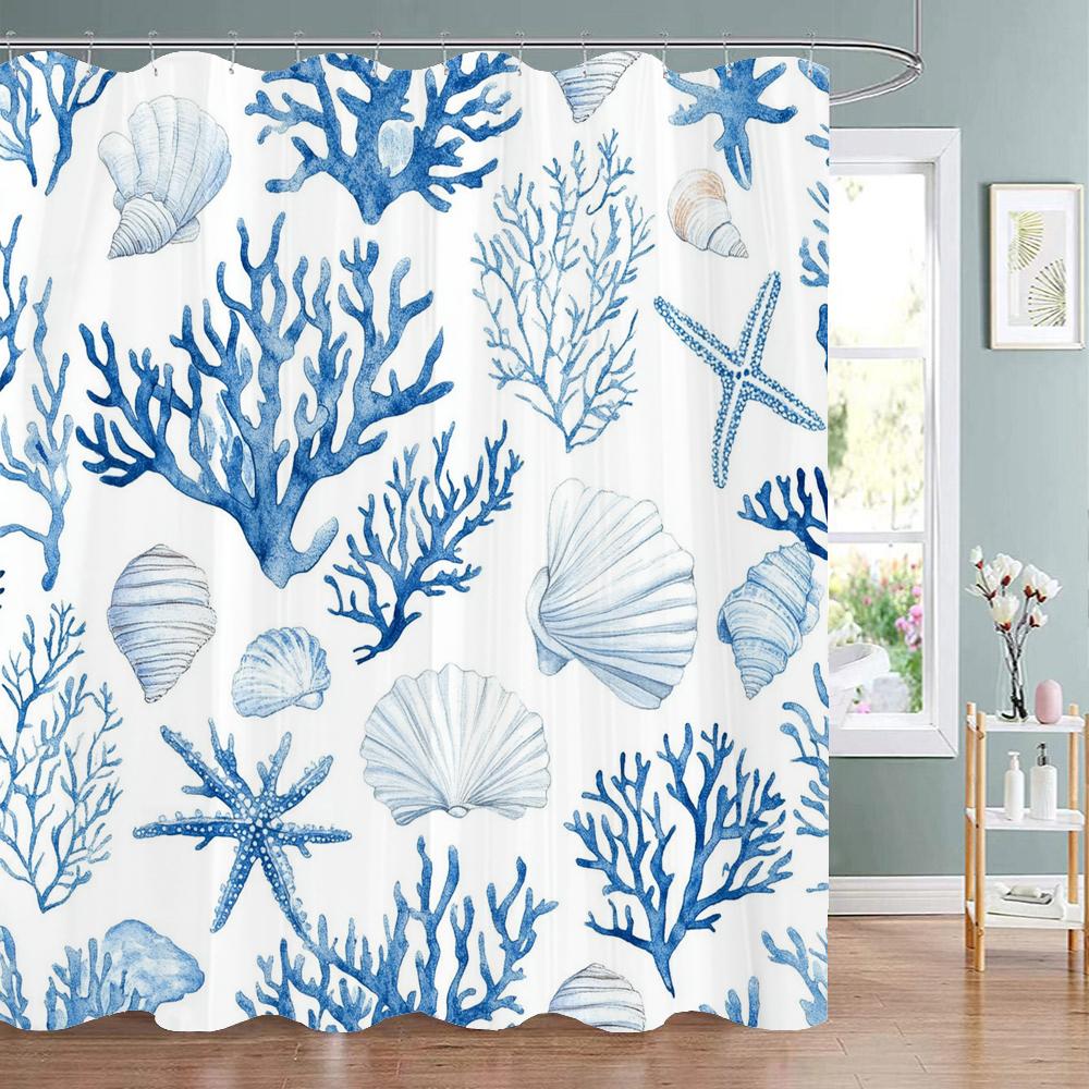 Cute Cartoon Ocean, Starfish, Shells Dolphin Printed Shower Curtain With Hooks, Bathroom Curtain, Bathroom Decor Window Curtain 90x180cm-35x70in