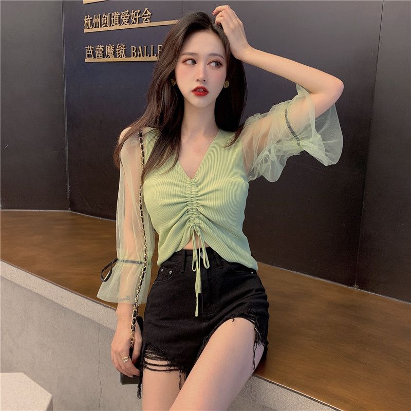 V-Ausschnitt Design Koreanische Version Oberteil Damen Sommer Modisch und Sexy Strickpullover mit Kordelzug