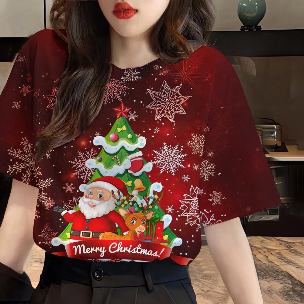 Christmas T-shirt Women's Santa Claus Printed T-shirt Fully Sublimation Fashion T-shirt Top