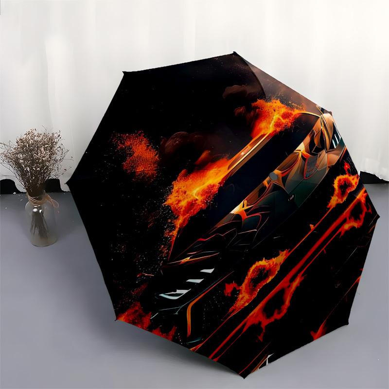 Flaming Car, Digital Art Themed Automatic Opening and Closing Umbrella, Compact Travel Umbrella, Lightweight and Portable, Suitable for Beac