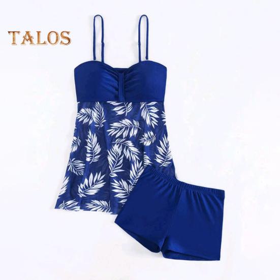 Conjunto de 2 piezas de tankini con tirantes ajustables, relleno, aros, bandeau, calzoncillos tipo bóxer, diseño de empalme de malla, ropa de baño para playa