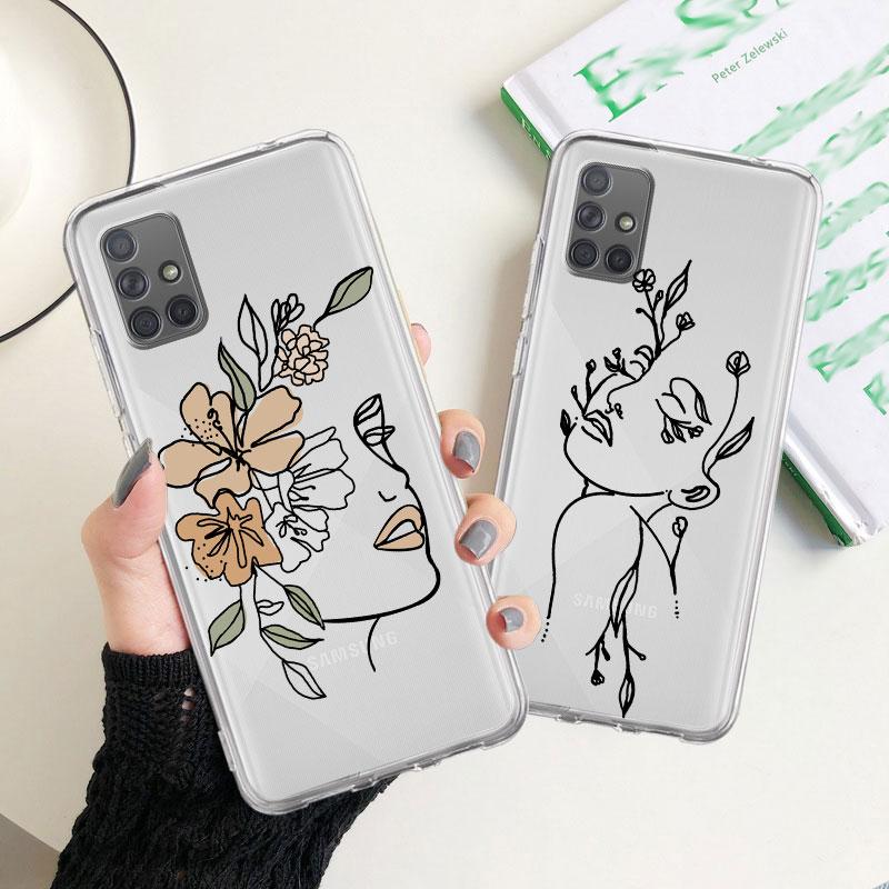 Clear Case For Samsung Galaxy A52 A12 A51 A32 A21s A71 A32 A22 50 A70 A31 A72 5G Phone Cover Love Line Flower