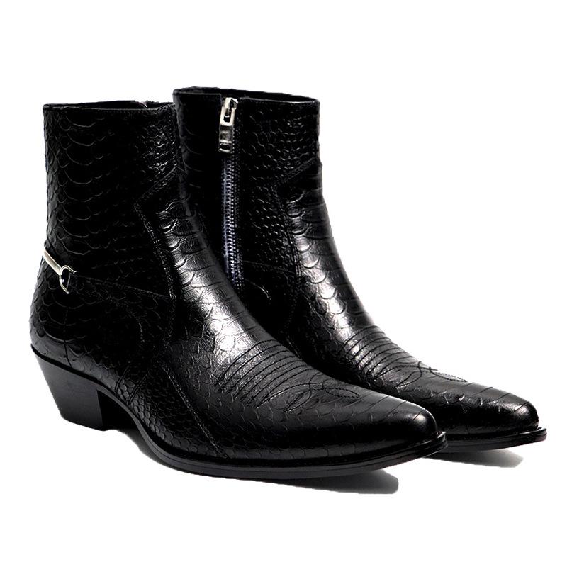 European and American Cross-Border E-commerce Chelsea Boots: Men's Pointed Toe Genuine Leather Snake Print High Street Style.