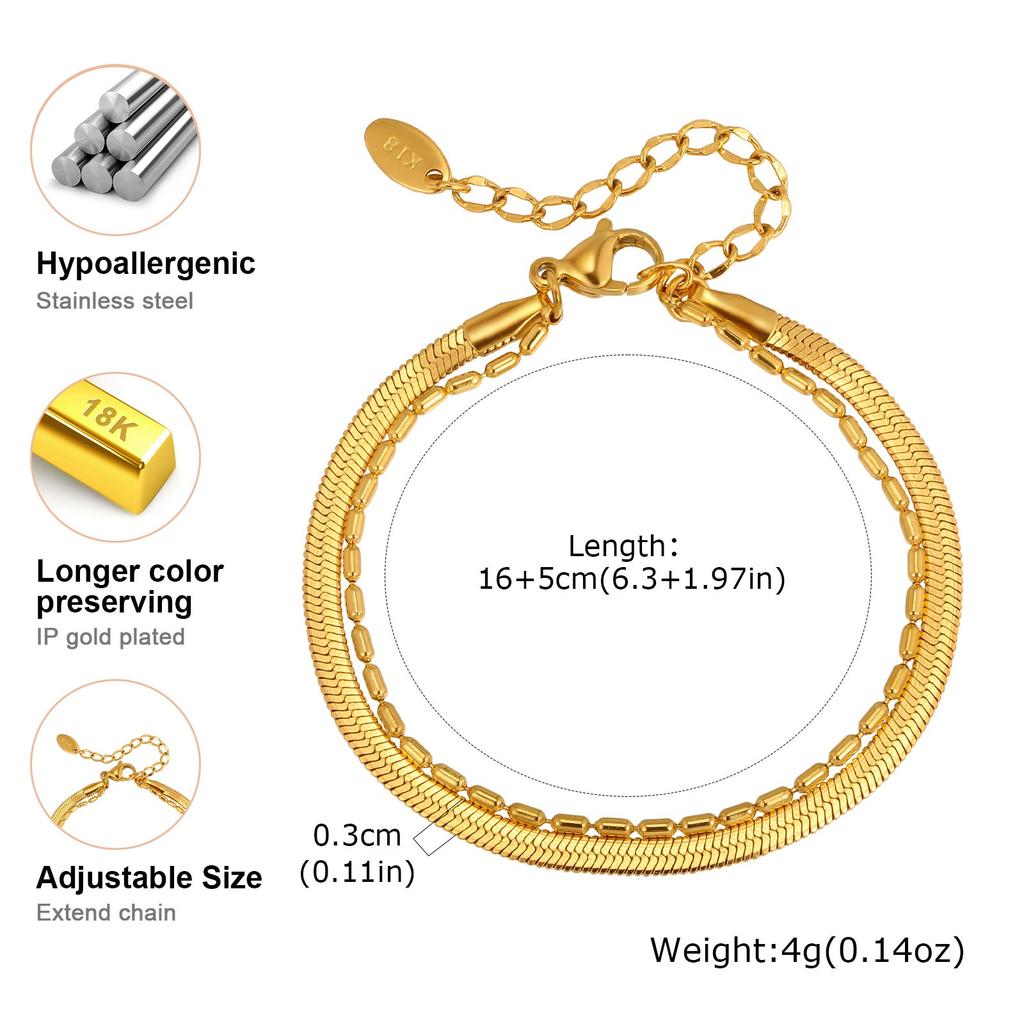 Dainty Bamboo Chain Flat Snake Chain Bracelet for Women,Gold Color Stainless Steel Double Layer Bracelets,Fashion Jewelry Gift