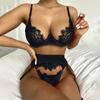 3PC Flower Lace Women Sexy Lingerie Wireless Bra + Thong + Gareter Pajamas Set