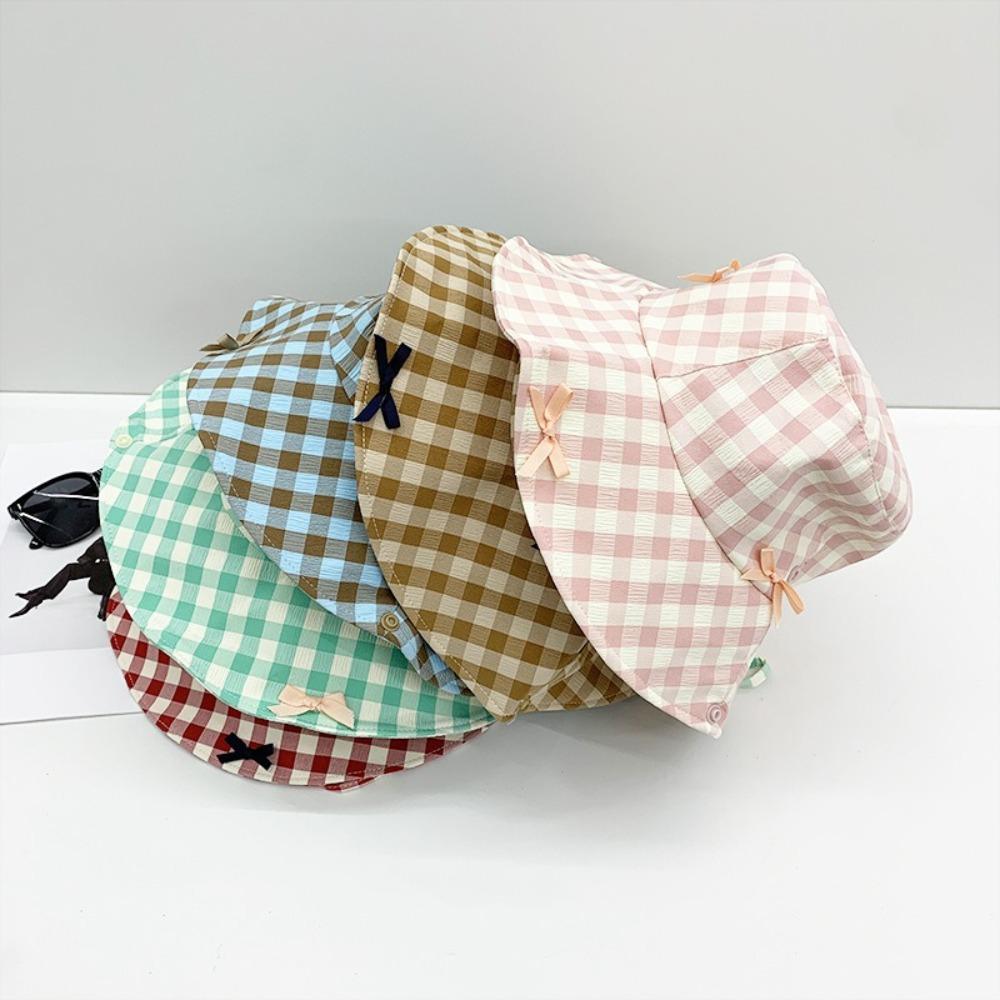 Sun Protection Drawstring Sun Hat Small Lattice Bow Bucket Hat Sweet Plaid Hiking Cap  Famale