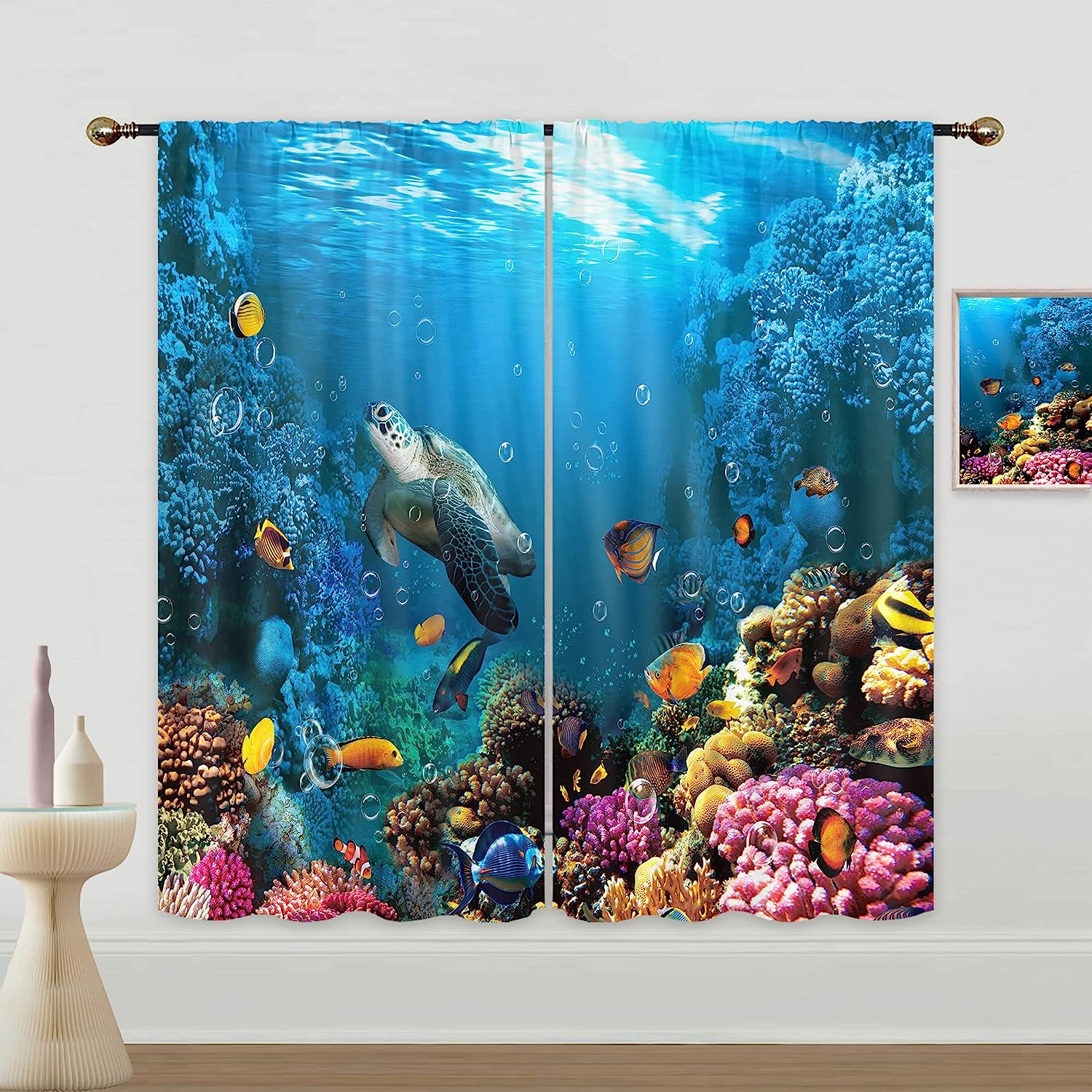 

Дельфины, черепахи, галька, детские оконные шторы в гостиной, кухонные оконные шторы, занавески с принтом для окна для спальни 2x50W130H(CM)40x51in&Grommet Top