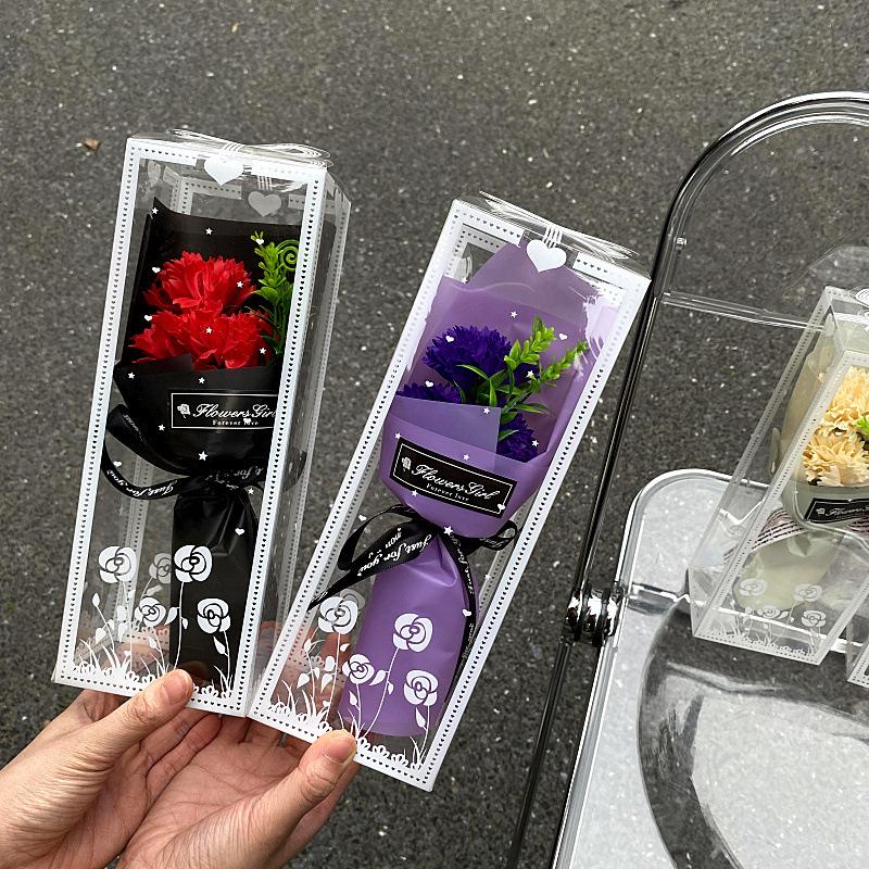 Artificial Carnation Floral Gift Box - Delicate Flower Arrangement In The Clear Plastic Box with Ribbon Decoration