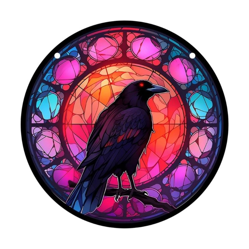 Ravens Stained Glass Suncatchers Window Hanging Decoration,Halloween Crow Glass Ornament for Window,Kitchen Home Decors