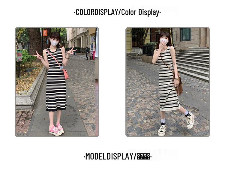 2025 Korean Style Chic Striped Sleeveless Midi Vest Dress for Women - Slim Fit