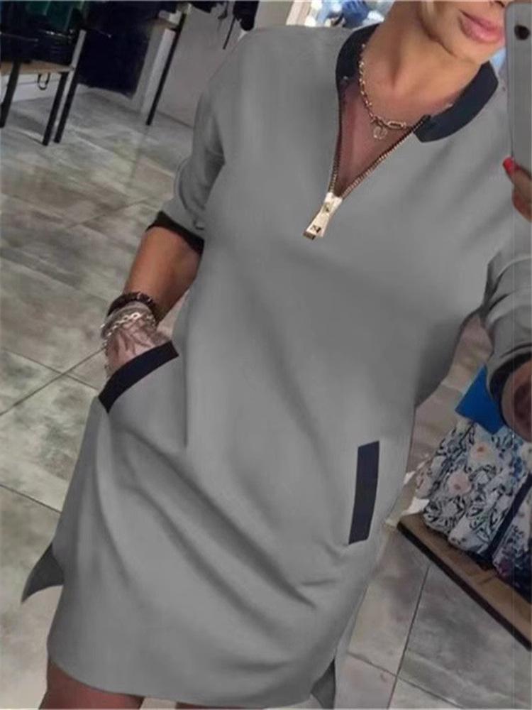 2024 V-Neck Zipper Seven-Sleeve Casual Dress