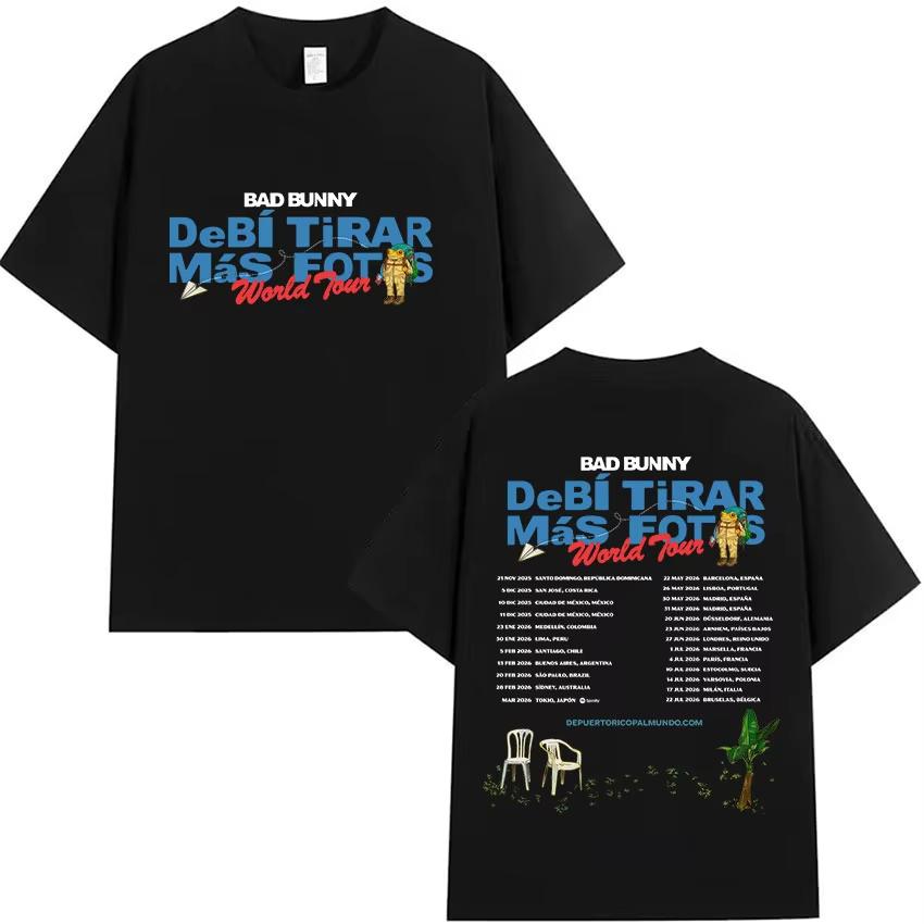 Rapper Bad Bunnys 2025 Tour Album Printed Tshirt for Unisex Casual and Fashionable Cotton Shortsleeved Women Summer T Shirt