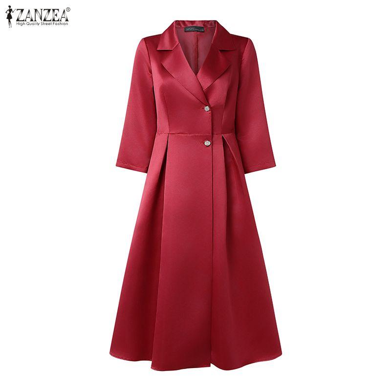 ZANZEA Women Casual Turn Down Collar 3/4 Sleeve Elegant Dress