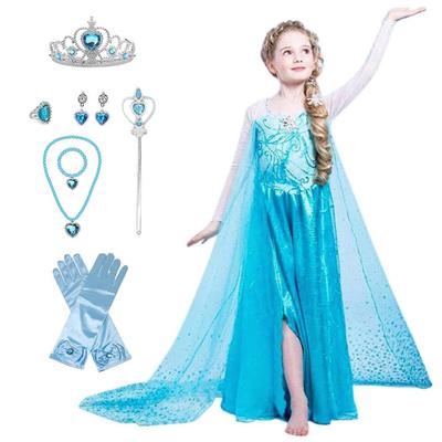 Prinzessinnenkleid für Kinder Cosplay Kostüm Luxus-Set Eisblaues Band Herz Magisch Original 130cm TT333 [GELAUFWÜRDIG] 9-teilig - (Prinzessinnenkleid, Handschuhe,