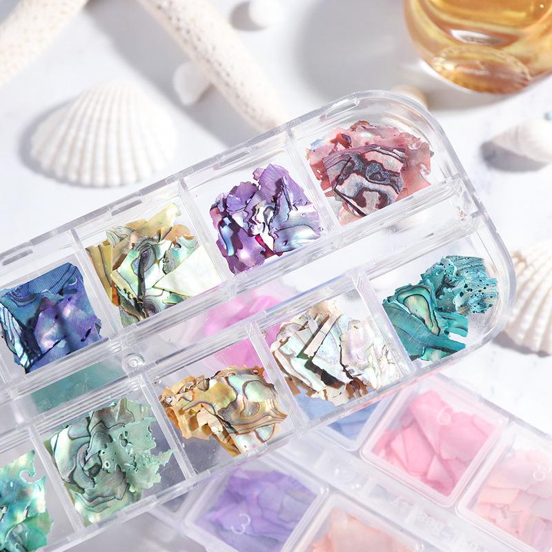 1 Krabička Nehty Abalonová skořápka Fragmenty Textura Přírodní mořská skořápka 3D Ozdoba Skořápka Nail Art Dekorace DIY Kosmetické nástroje