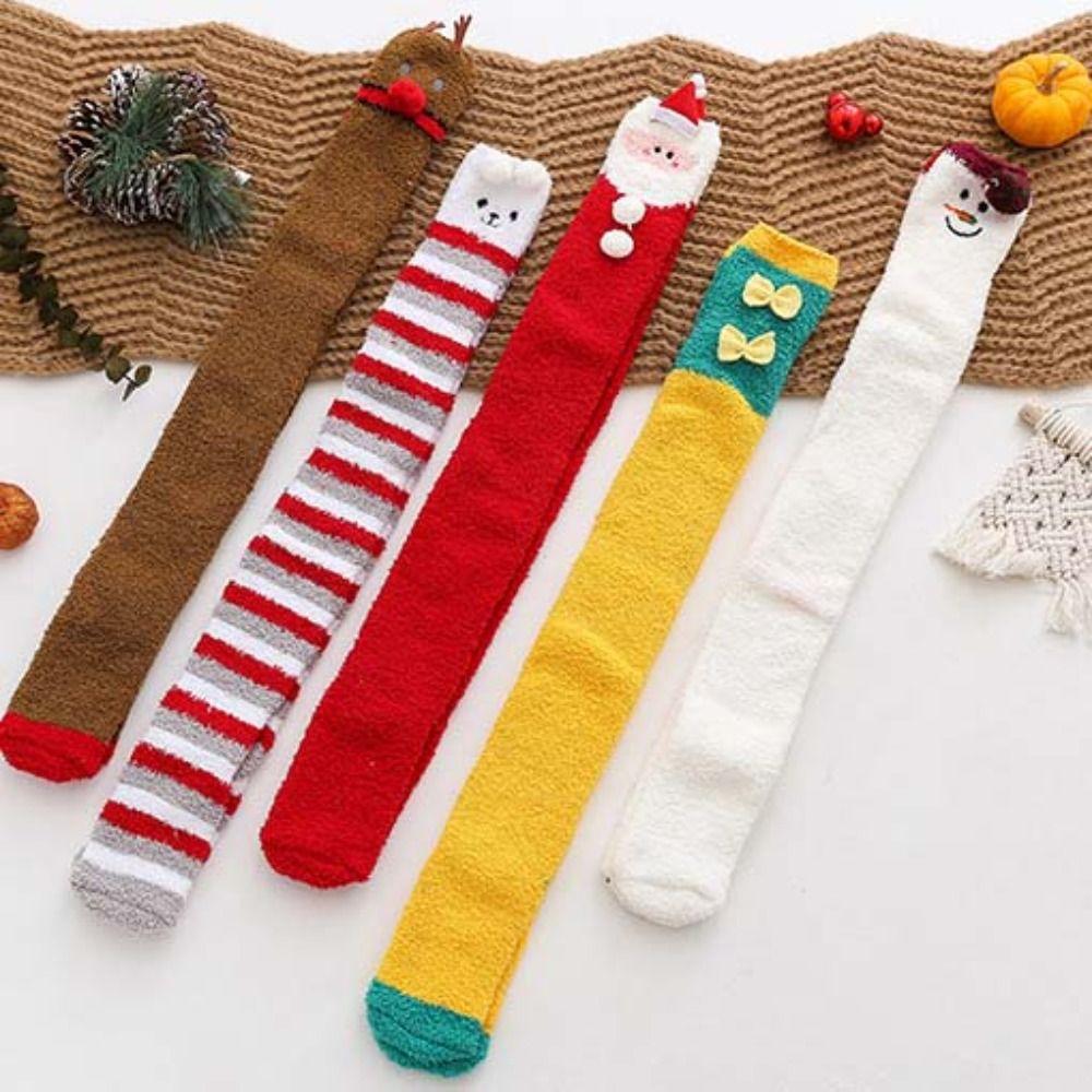 Coral Fleece Christmas Stockings Santa Claus Long Tube Socks Cartoon Hosiery  Children Stocking