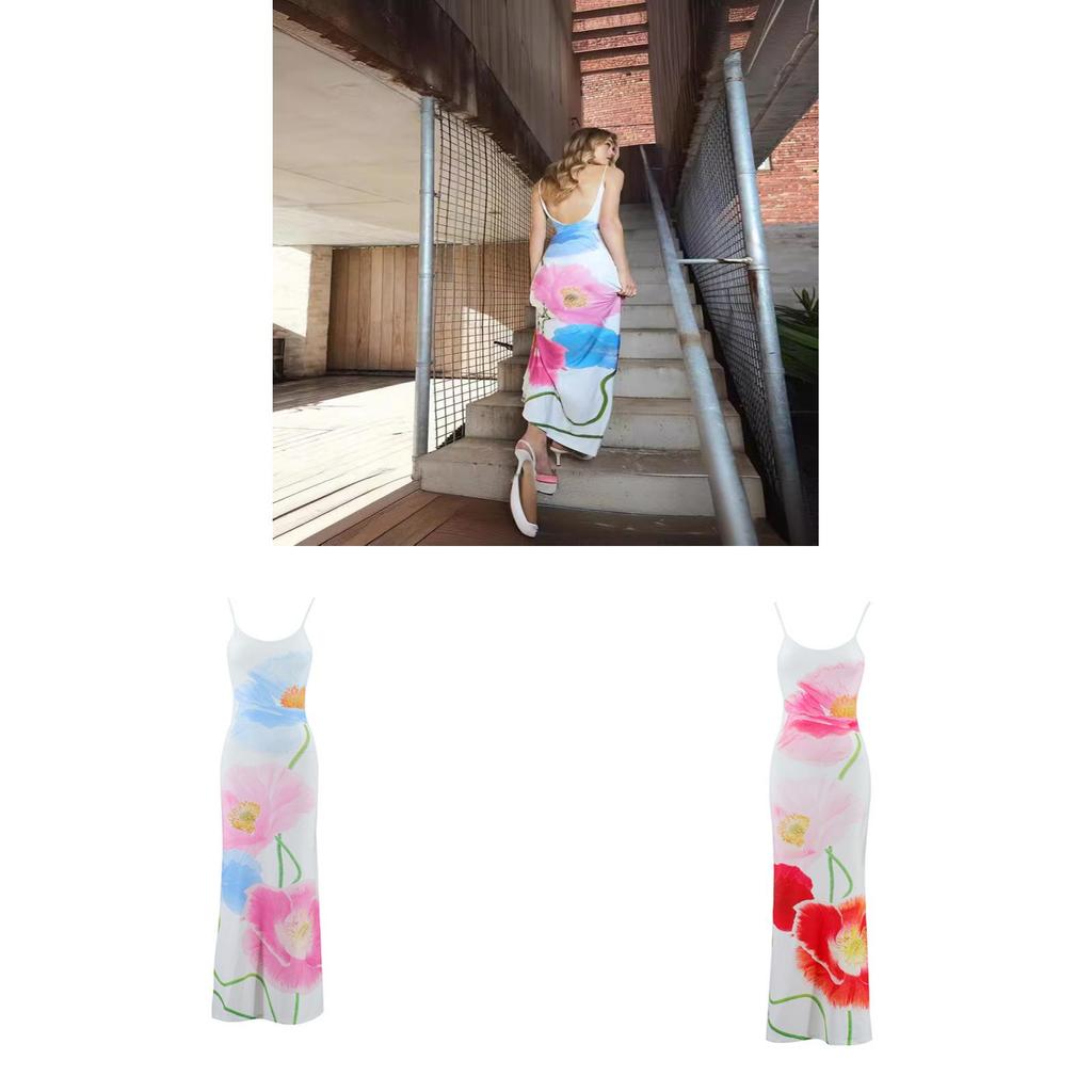 Summer Flower Print U Neck Backless A Line Dress With Sleeveless Design For Teen Women