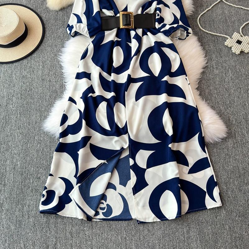 Stil franțuzesc, vară lungă, îmbrăcăminte nouă pentru femei, textura de înaltă calitate, rochie rafinată cu decolteu în V